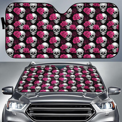 Pink Rose Skull Themed Print Car Sun Shade For Windshield