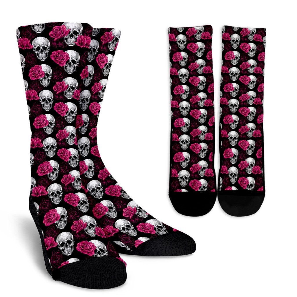 Pink Rose Skull Themed Print Crew Socks