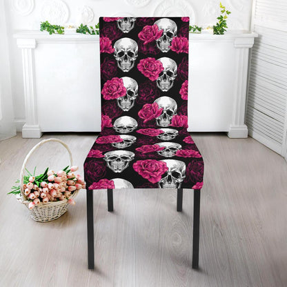 Pink Rose Skull Themed Print Dining Chair Slipcover-JTAMIGO.COM