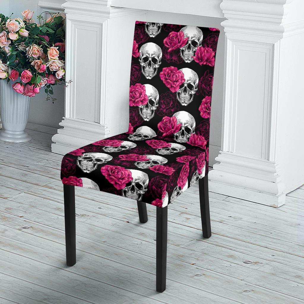 Pink Rose Skull Themed Print Dining Chair Slipcover-JTAMIGO.COM