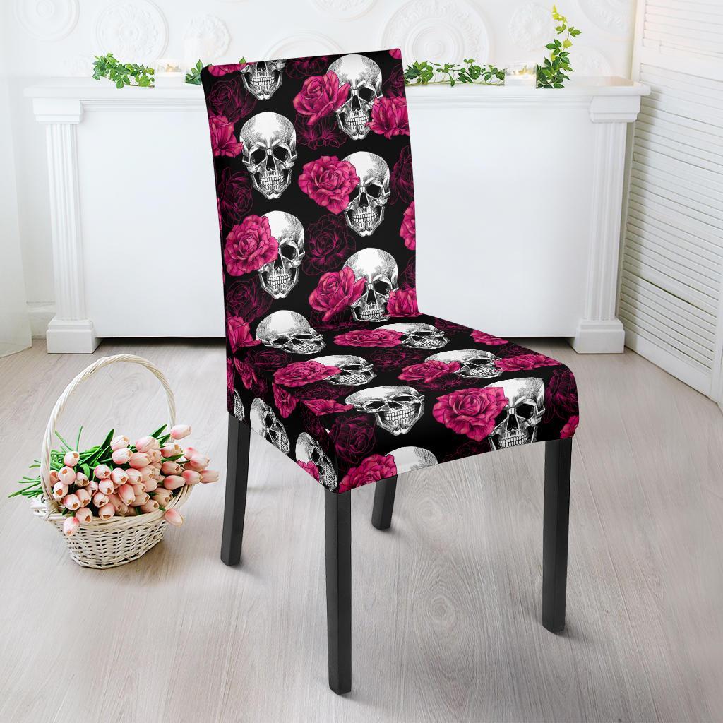 Pink Rose Skull Themed Print Dining Chair Slipcover-JTAMIGO.COM