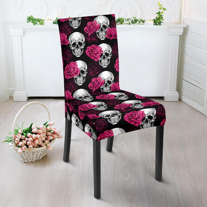 Pink Rose Skull Themed Print Dining Chair Slipcover-JTAMIGO.COM