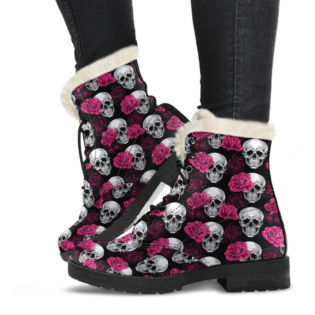 Pink Rose Skull Themed Print Faux Fur Leather Boots-JTAMIGO.COM
