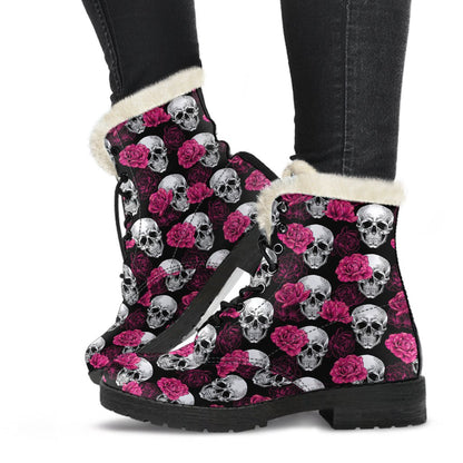 Pink Rose Skull Themed Print Faux Fur Leather Boots-JTAMIGO.COM
