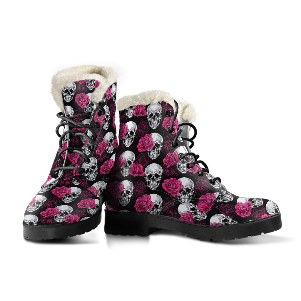 Pink Rose Skull Themed Print Faux Fur Leather Boots-JTAMIGO.COM