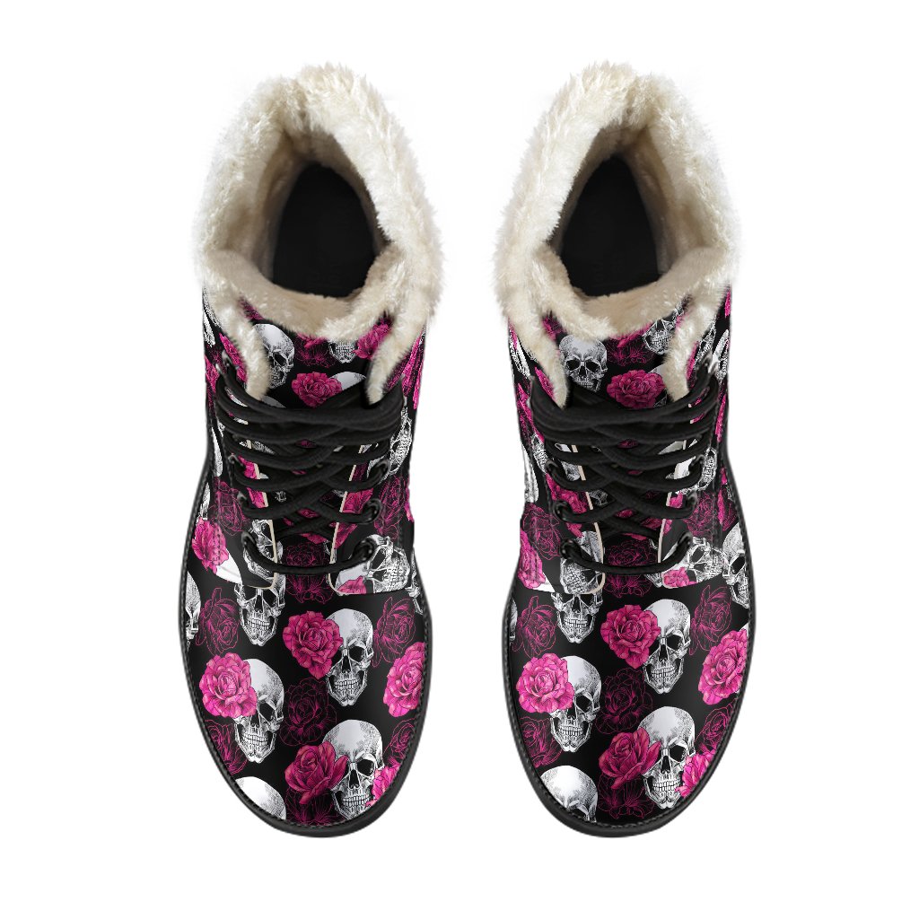 Pink Rose Skull Themed Print Faux Fur Leather Boots-JTAMIGO.COM
