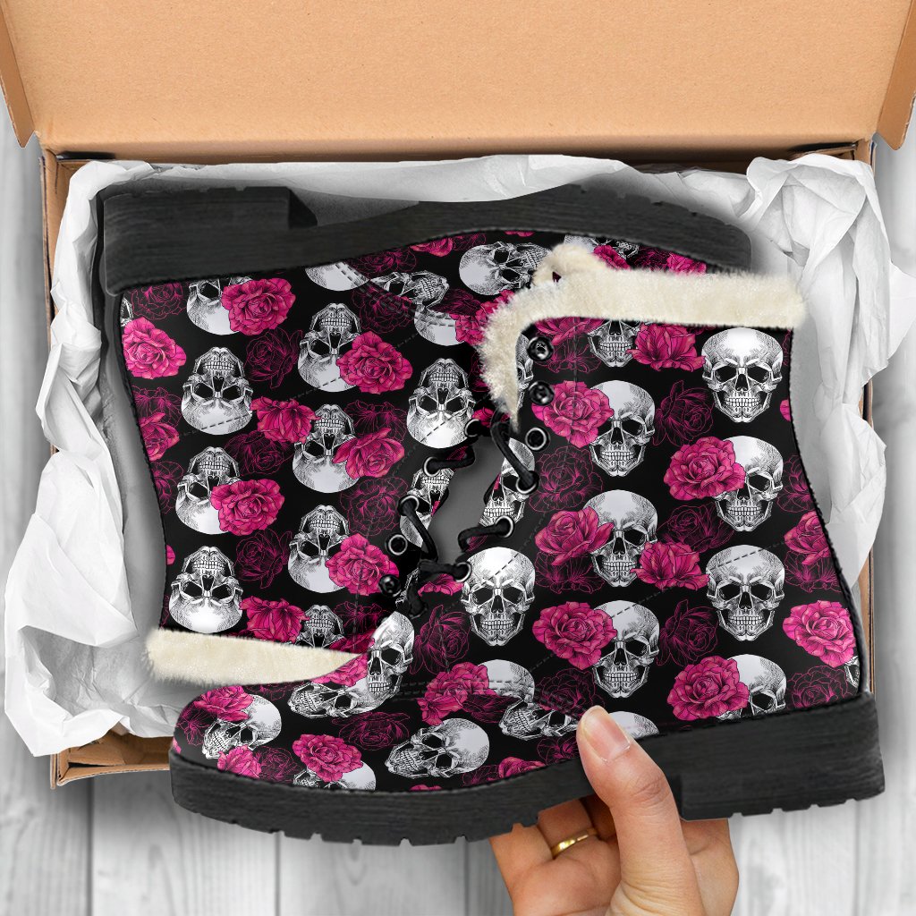 Pink Rose Skull Themed Print Faux Fur Leather Boots-JTAMIGO.COM