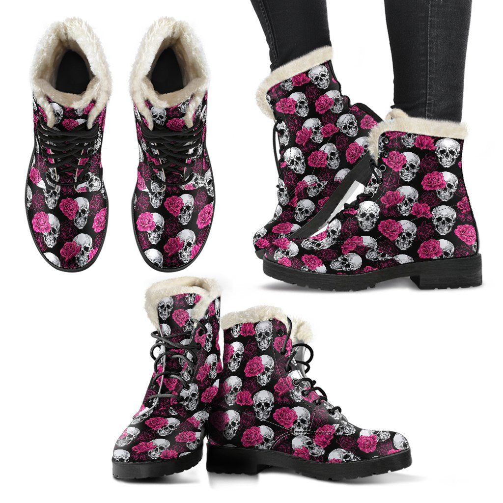 Pink Rose Skull Themed Print Faux Fur Leather Boots-JTAMIGO.COM