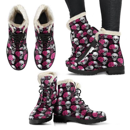 Pink Rose Skull Themed Print Faux Fur Leather Boots-JTAMIGO.COM