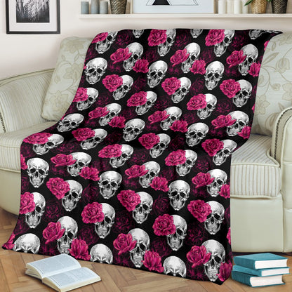 Pink Rose Skull Themed Print Fleece Blanket