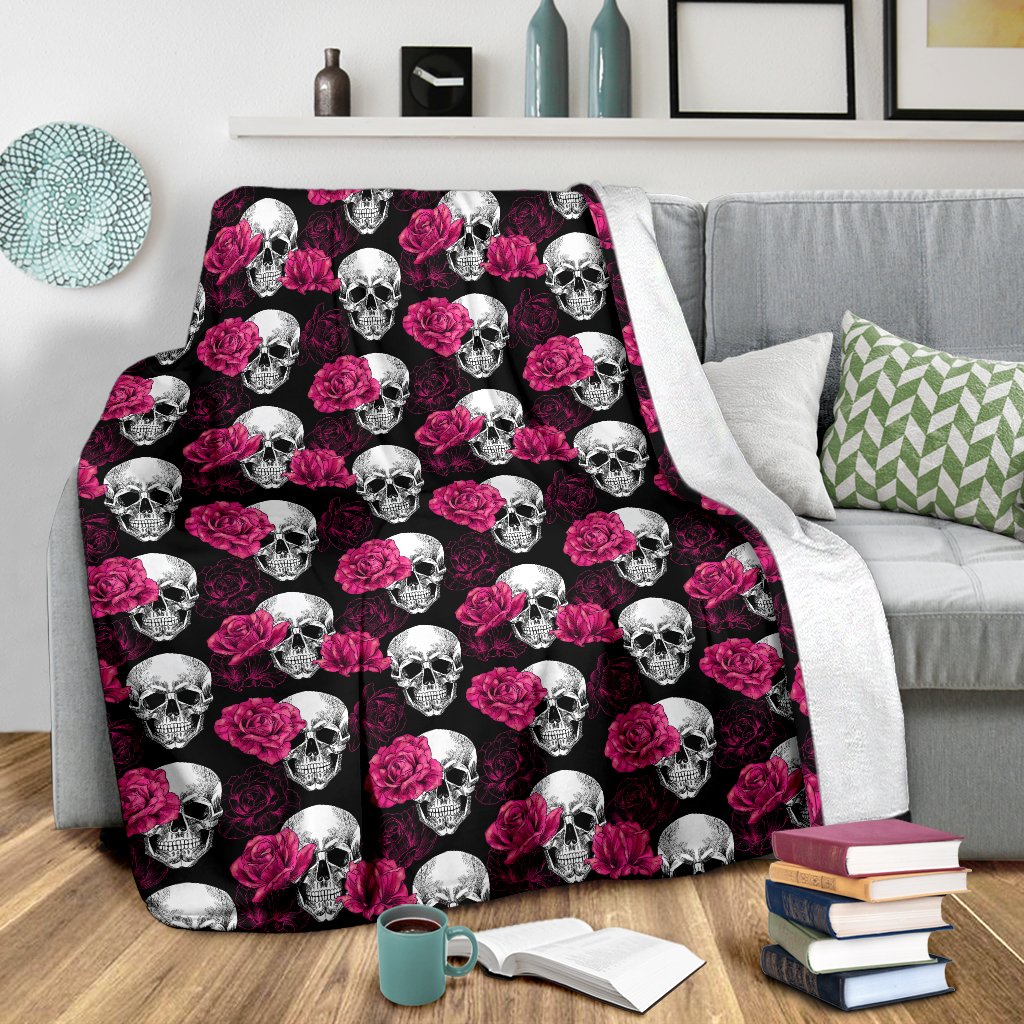 Pink Rose Skull Themed Print Fleece Blanket