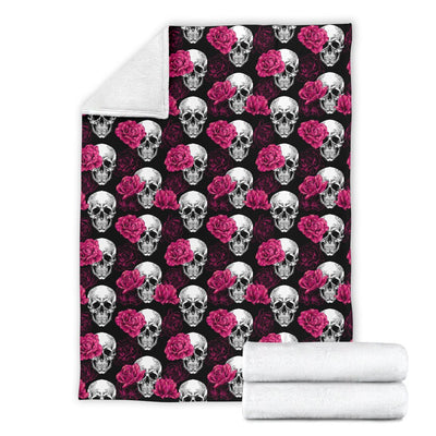 Pink Rose Skull Themed Print Fleece Blanket
