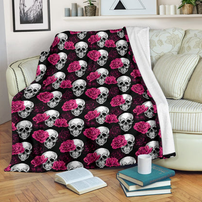 Pink Rose Skull Themed Print Fleece Blanket
