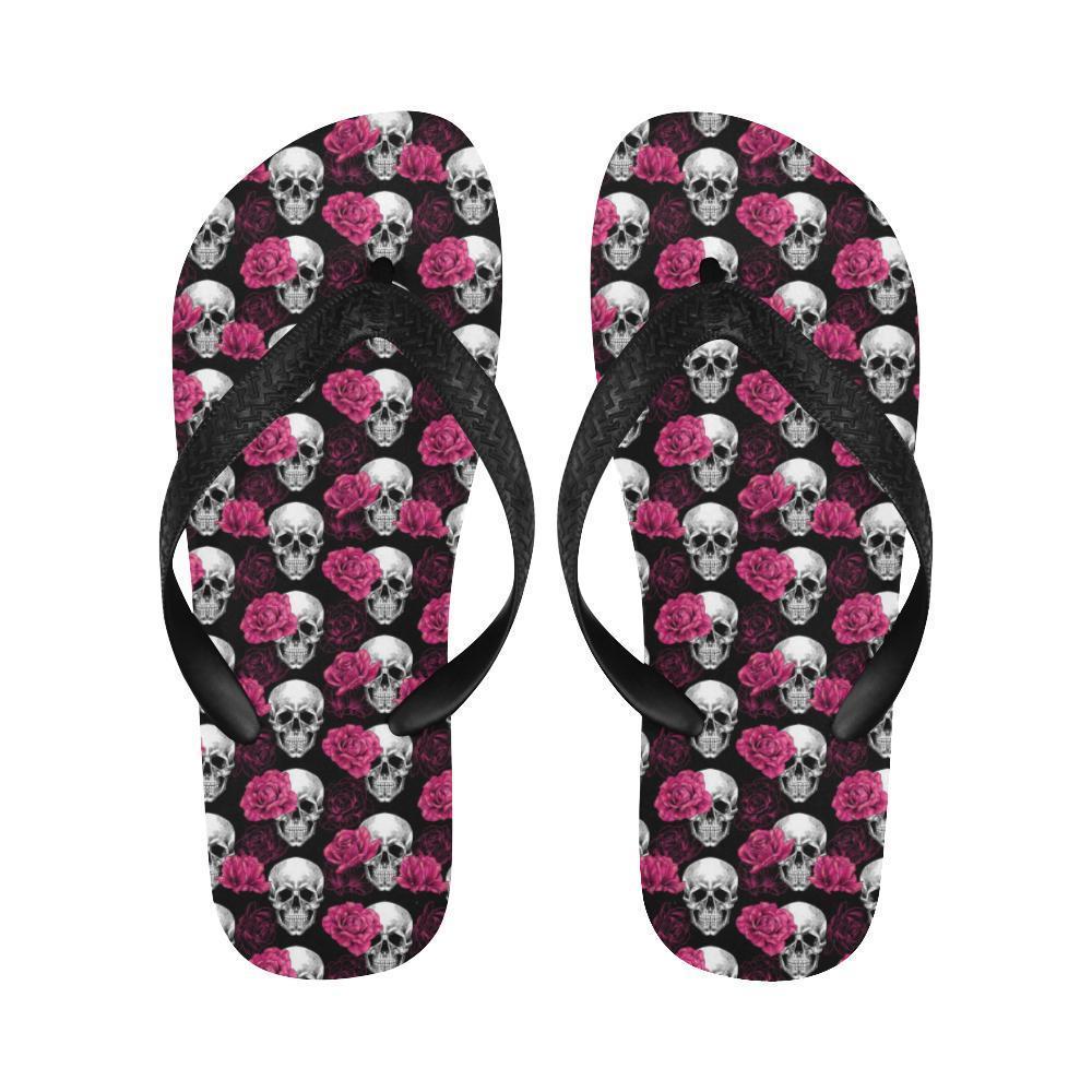 Pink Rose Skull Themed Print Flip Flops-JTAMIGO.COM