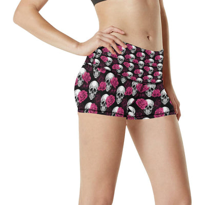 Pink Rose Skull Themed Print High Waisted Spandex Shorts-JTAMIGO.COM