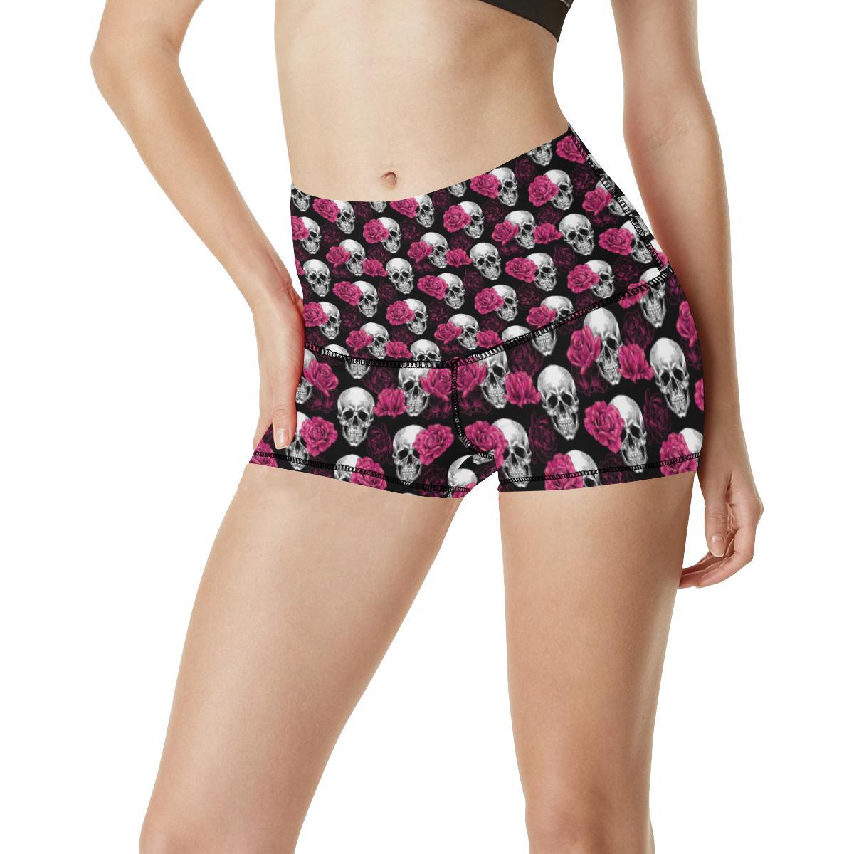 Pink Rose Skull Themed Print High Waisted Spandex Shorts-JTAMIGO.COM