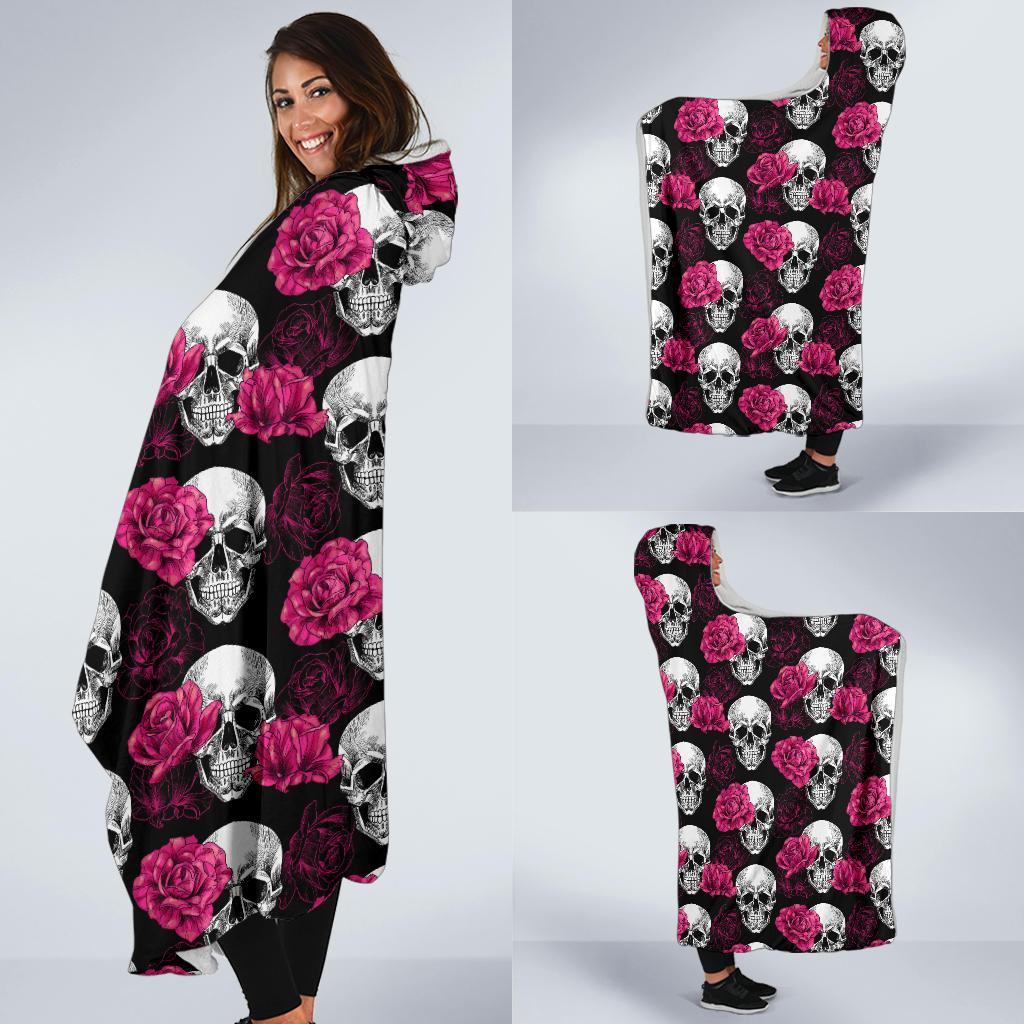 Pink Rose Skull Themed Print Hooded Blanket-JTAMIGO.COM
