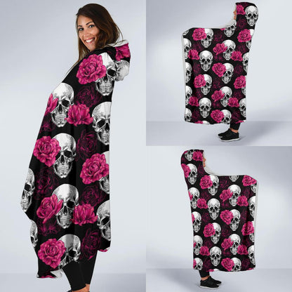 Pink Rose Skull Themed Print Hooded Blanket-JTAMIGO.COM
