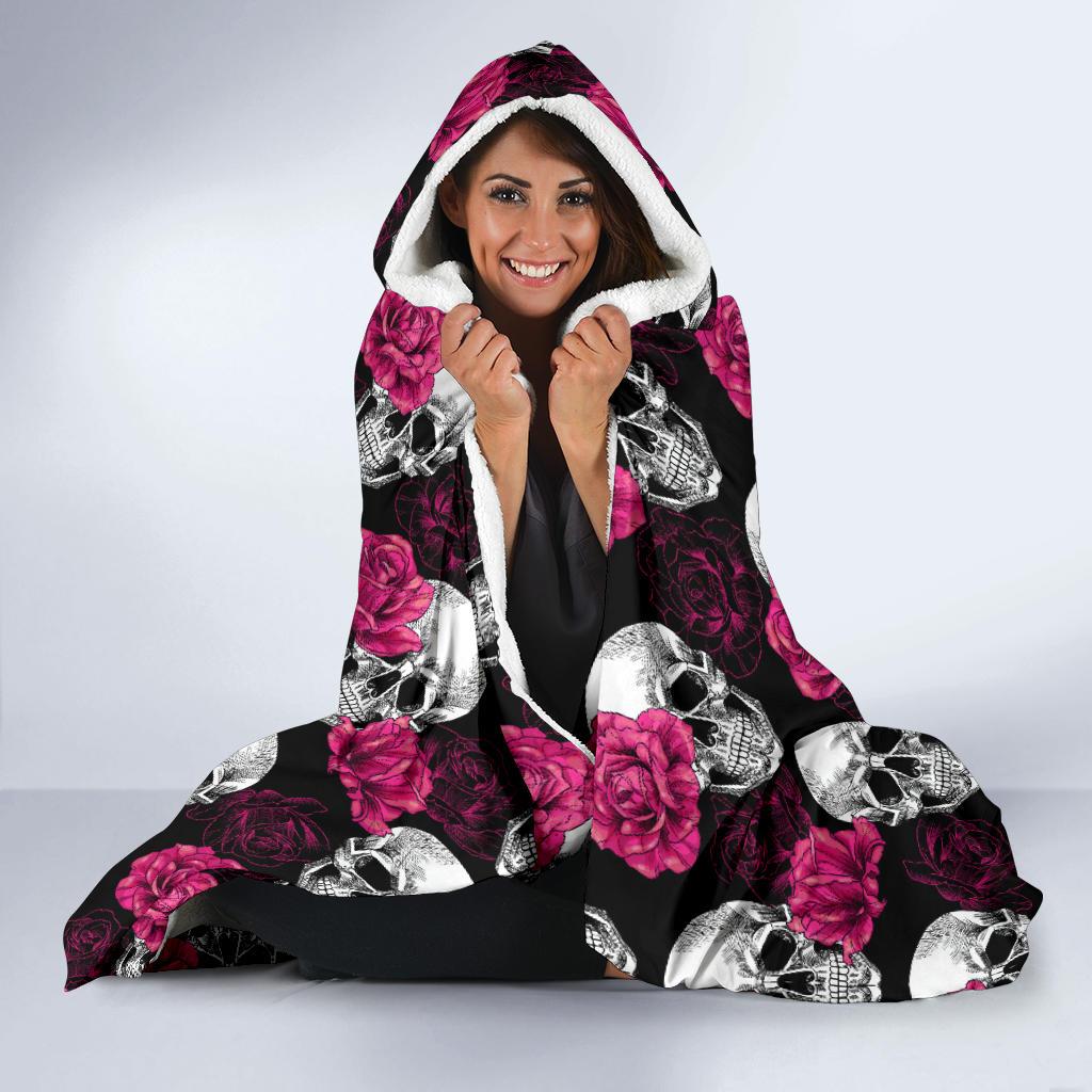 Pink Rose Skull Themed Print Hooded Blanket-JTAMIGO.COM