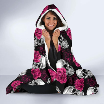 Pink Rose Skull Themed Print Hooded Blanket-JTAMIGO.COM