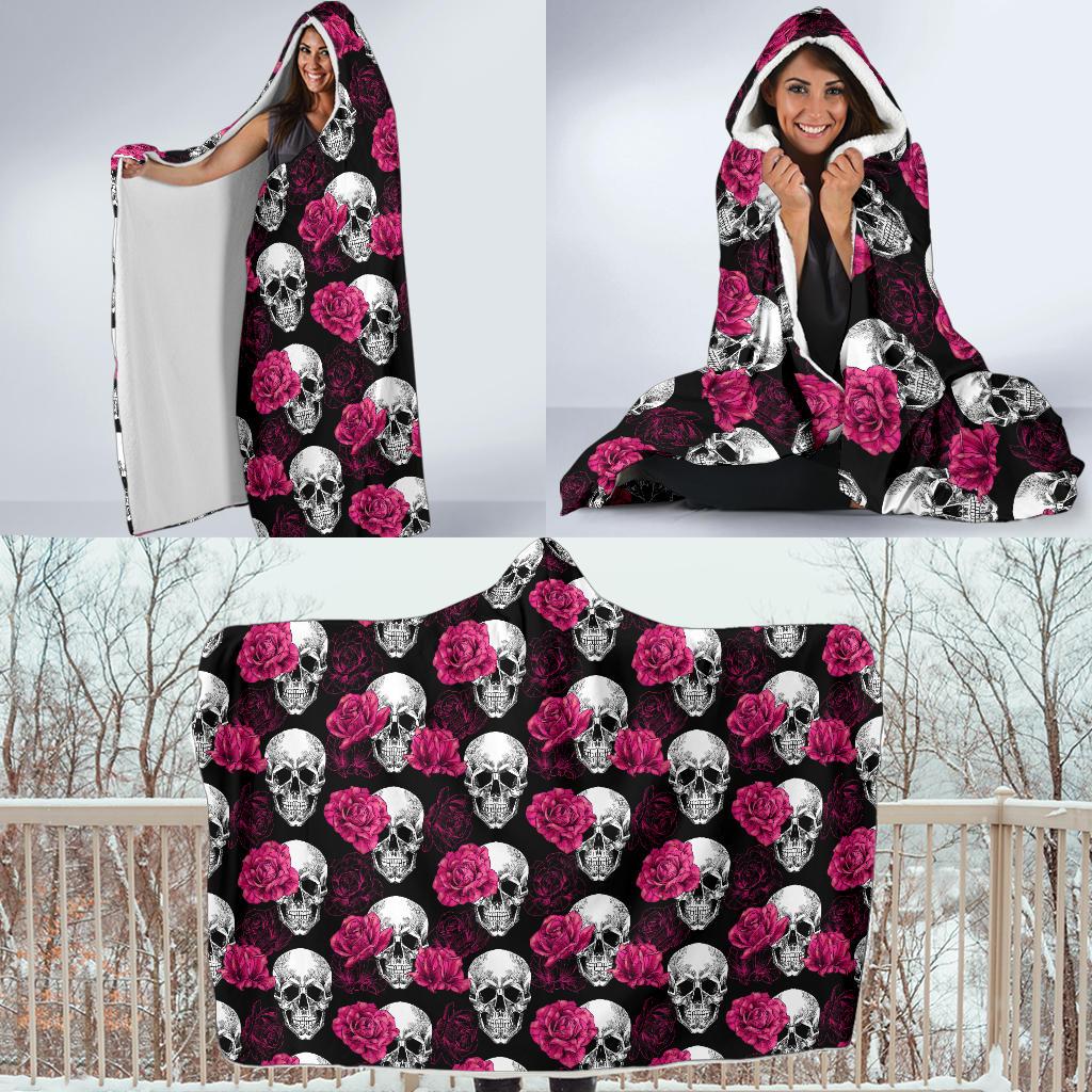 Pink Rose Skull Themed Print Hooded Blanket-JTAMIGO.COM