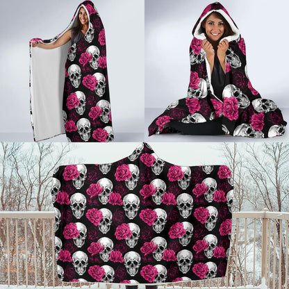 Pink Rose Skull Themed Print Hooded Blanket-JTAMIGO.COM