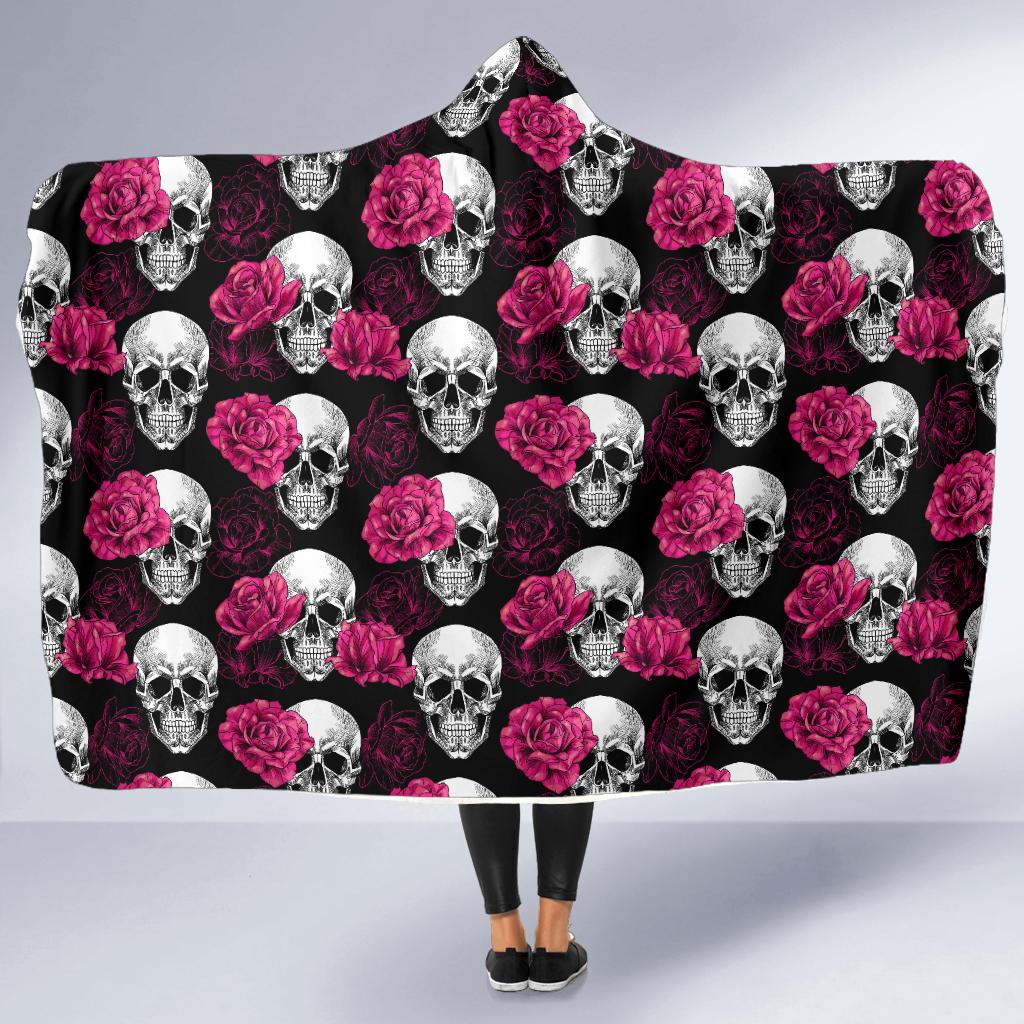 Pink Rose Skull Themed Print Hooded Blanket-JTAMIGO.COM