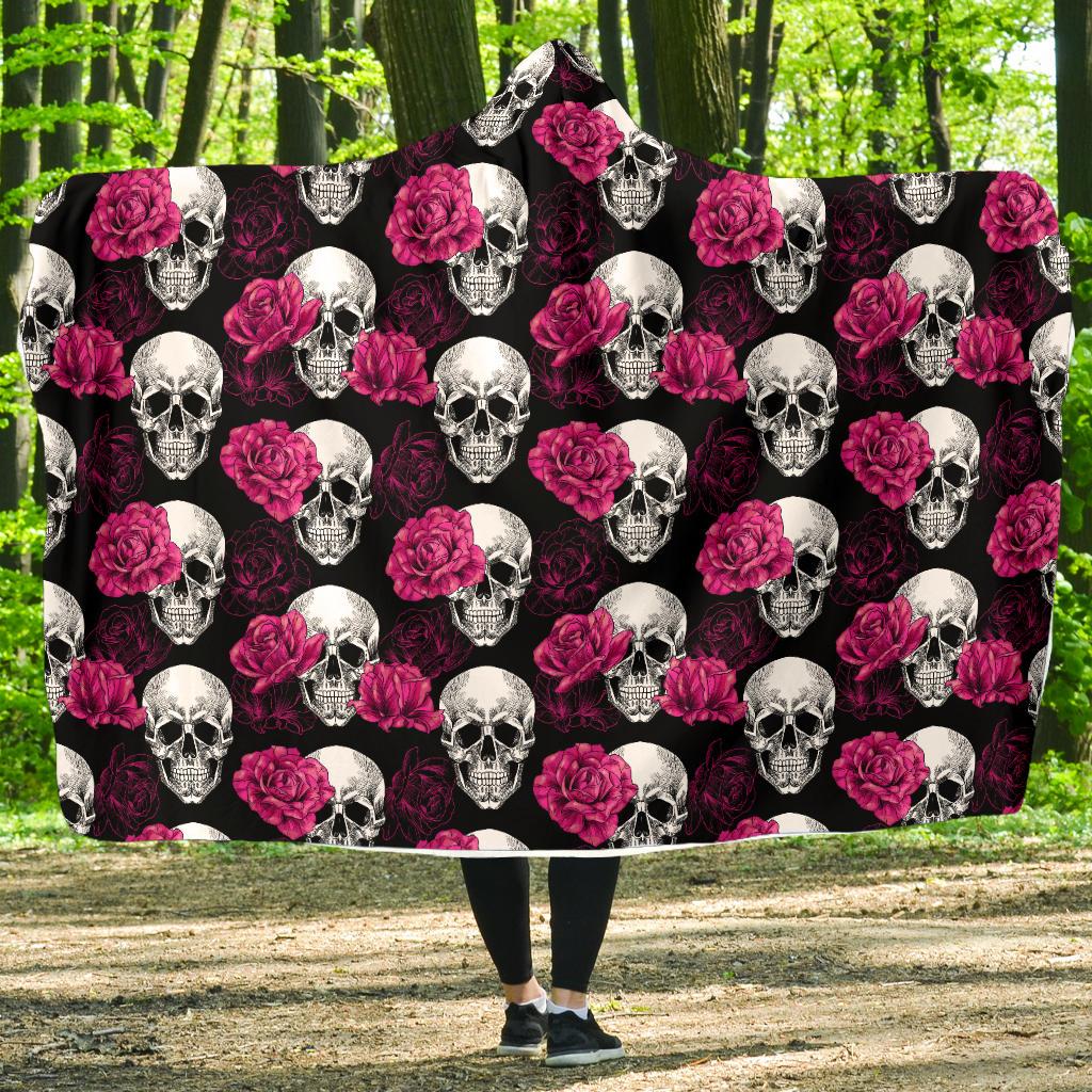 Pink Rose Skull Themed Print Hooded Blanket-JTAMIGO.COM