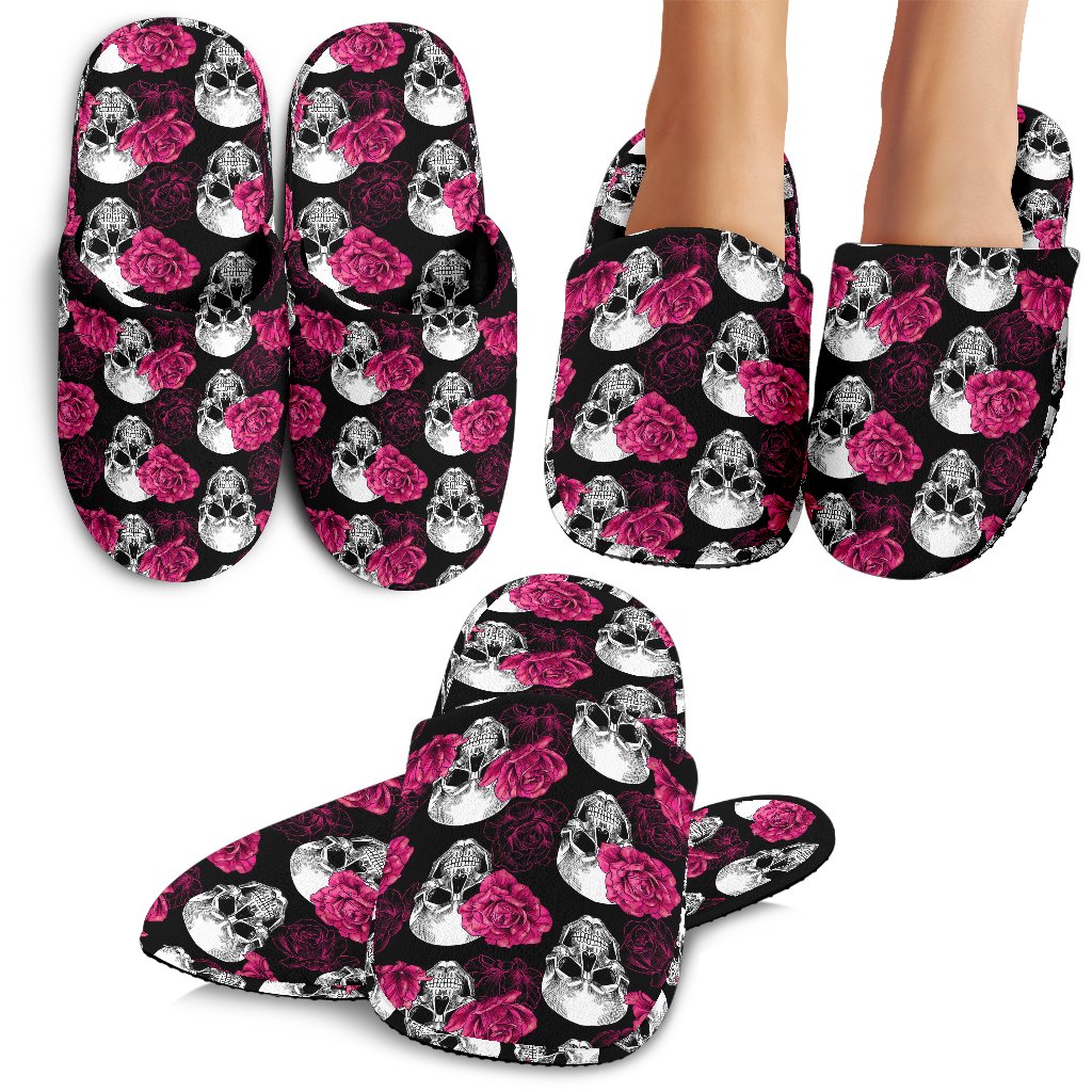 Pink Rose Skull Themed Print House Slippers