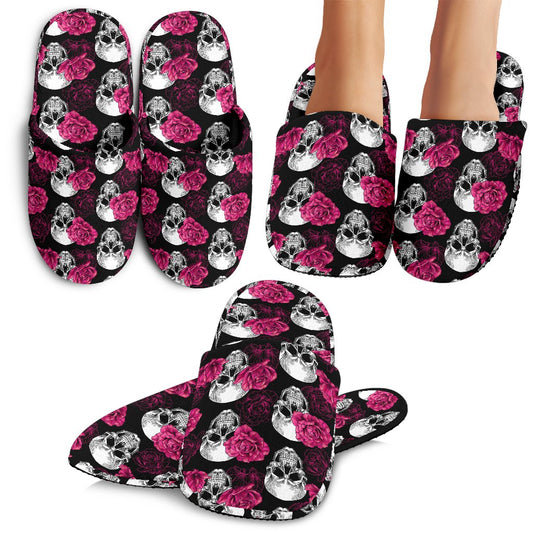 Pink Rose Skull Themed Print House Slippers
