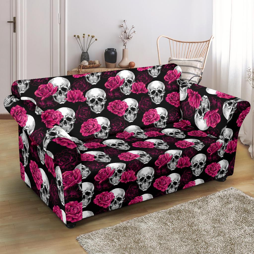 Pink Rose Skull Themed Print Loveseat Slipcover-JTAMIGO.COM