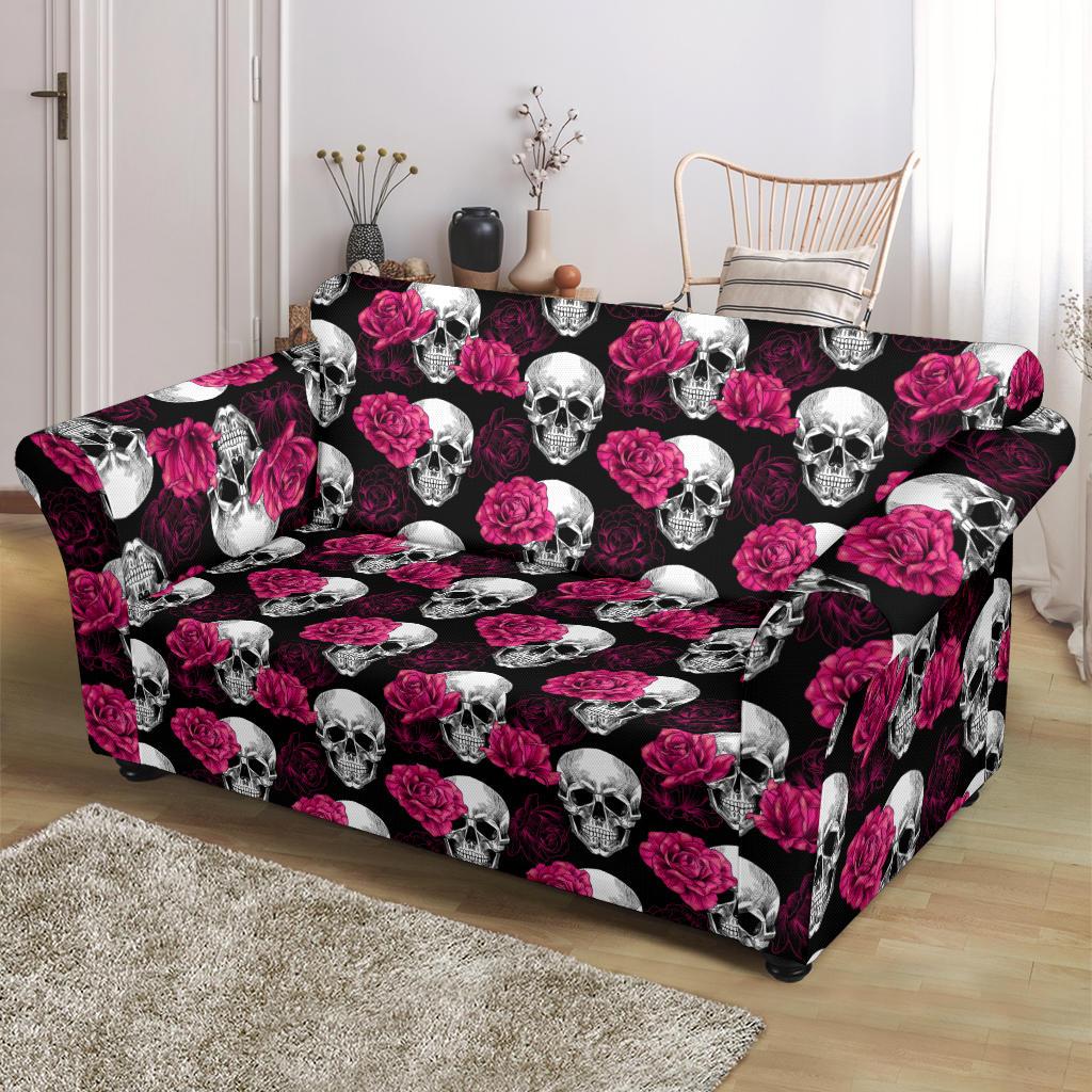 Pink Rose Skull Themed Print Loveseat Slipcover-JTAMIGO.COM