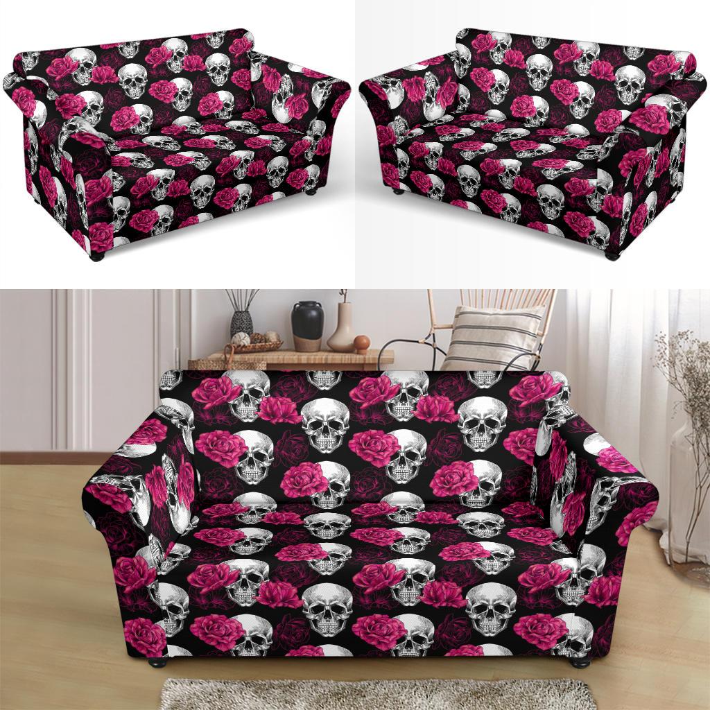 Pink Rose Skull Themed Print Loveseat Slipcover-JTAMIGO.COM