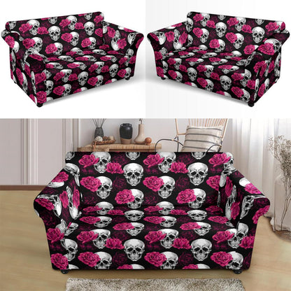 Pink Rose Skull Themed Print Loveseat Slipcover-JTAMIGO.COM