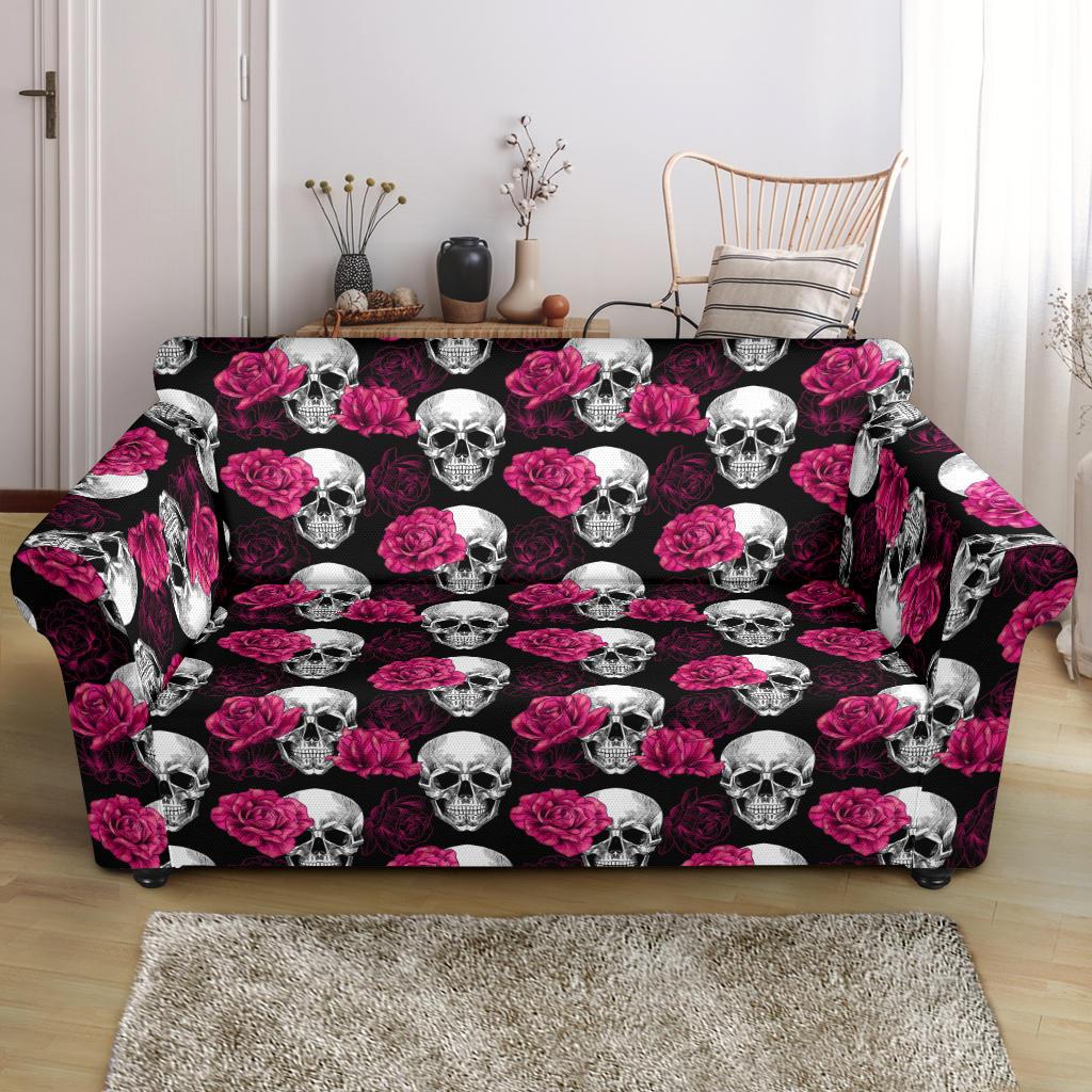 Pink Rose Skull Themed Print Loveseat Slipcover-JTAMIGO.COM