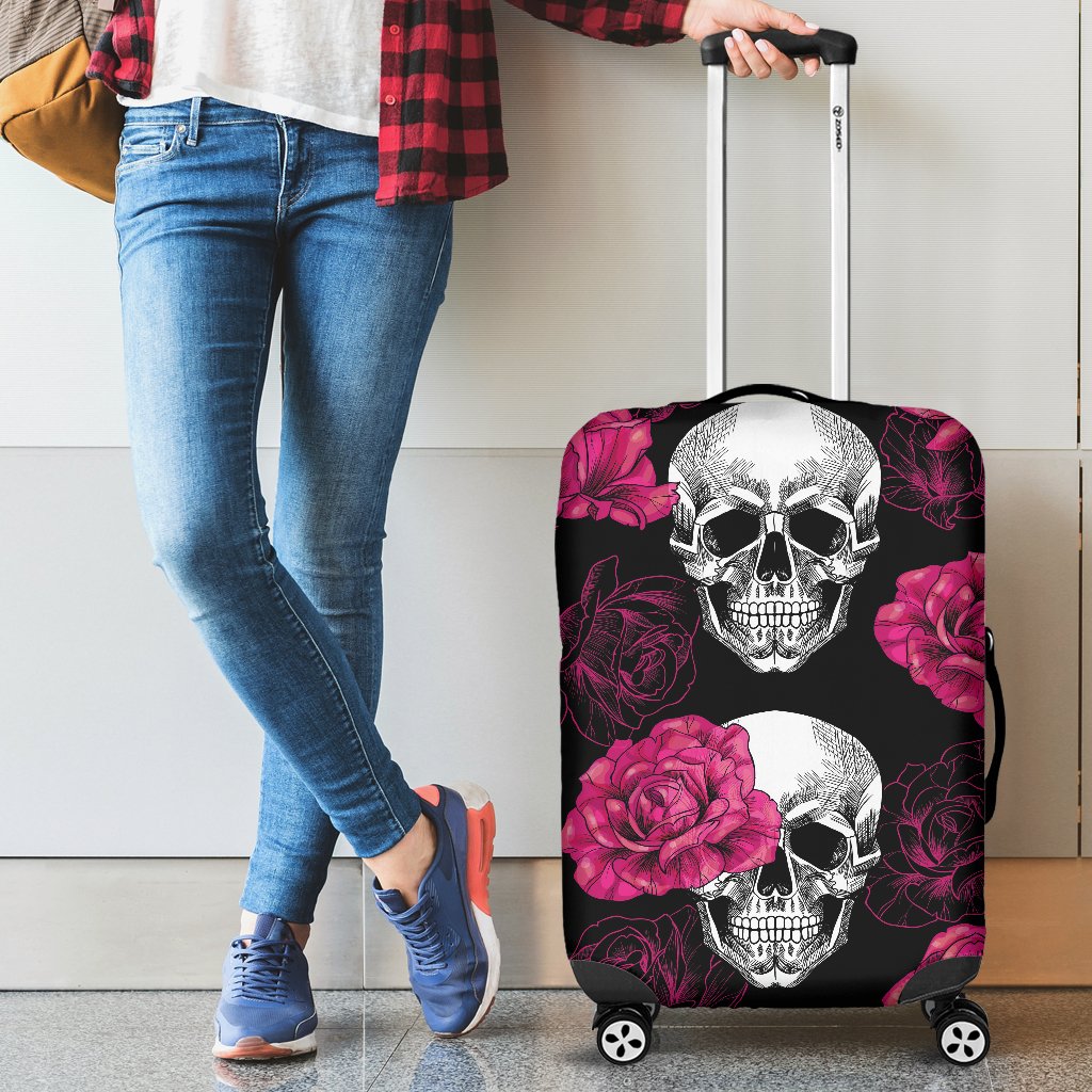 Pink Rose Skull Themed Print Luggage Cover Protector
