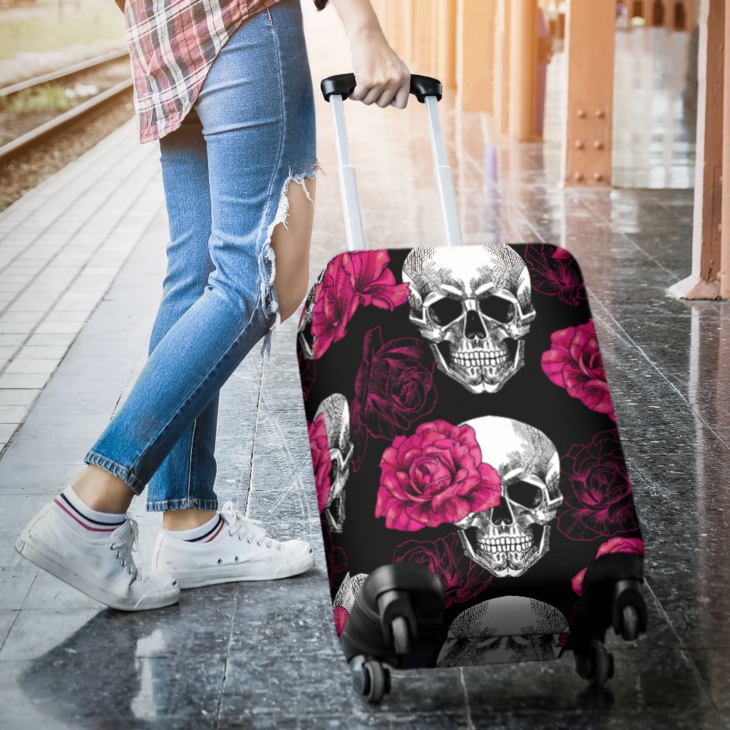 Pink Rose Skull Themed Print Luggage Cover Protector