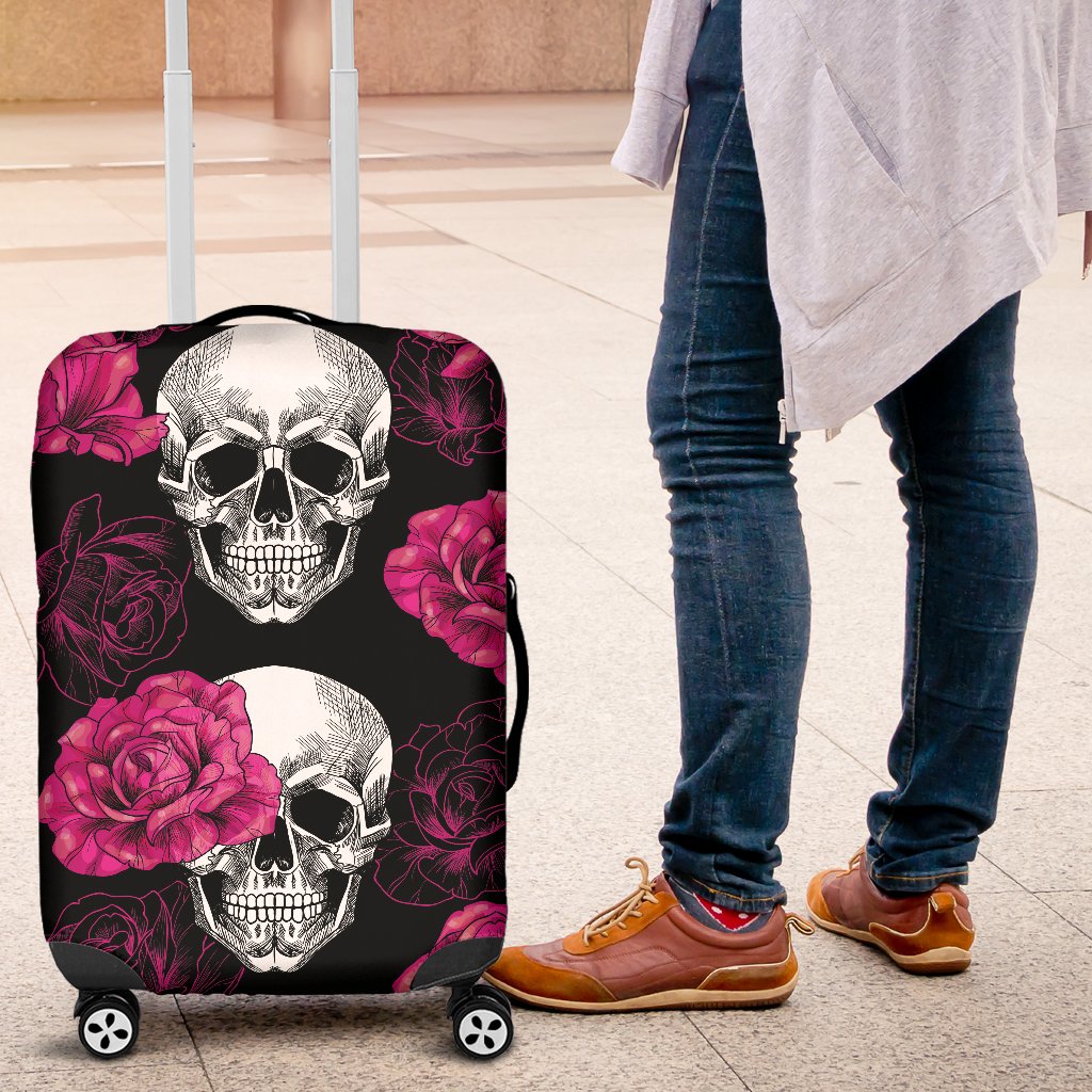 Pink Rose Skull Themed Print Luggage Cover Protector