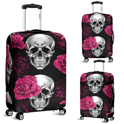 Pink Rose Skull Themed Print Luggage Cover Protector