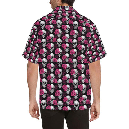 Pink Rose Skull Themed Print Men Aloha Hawaiian Shirt