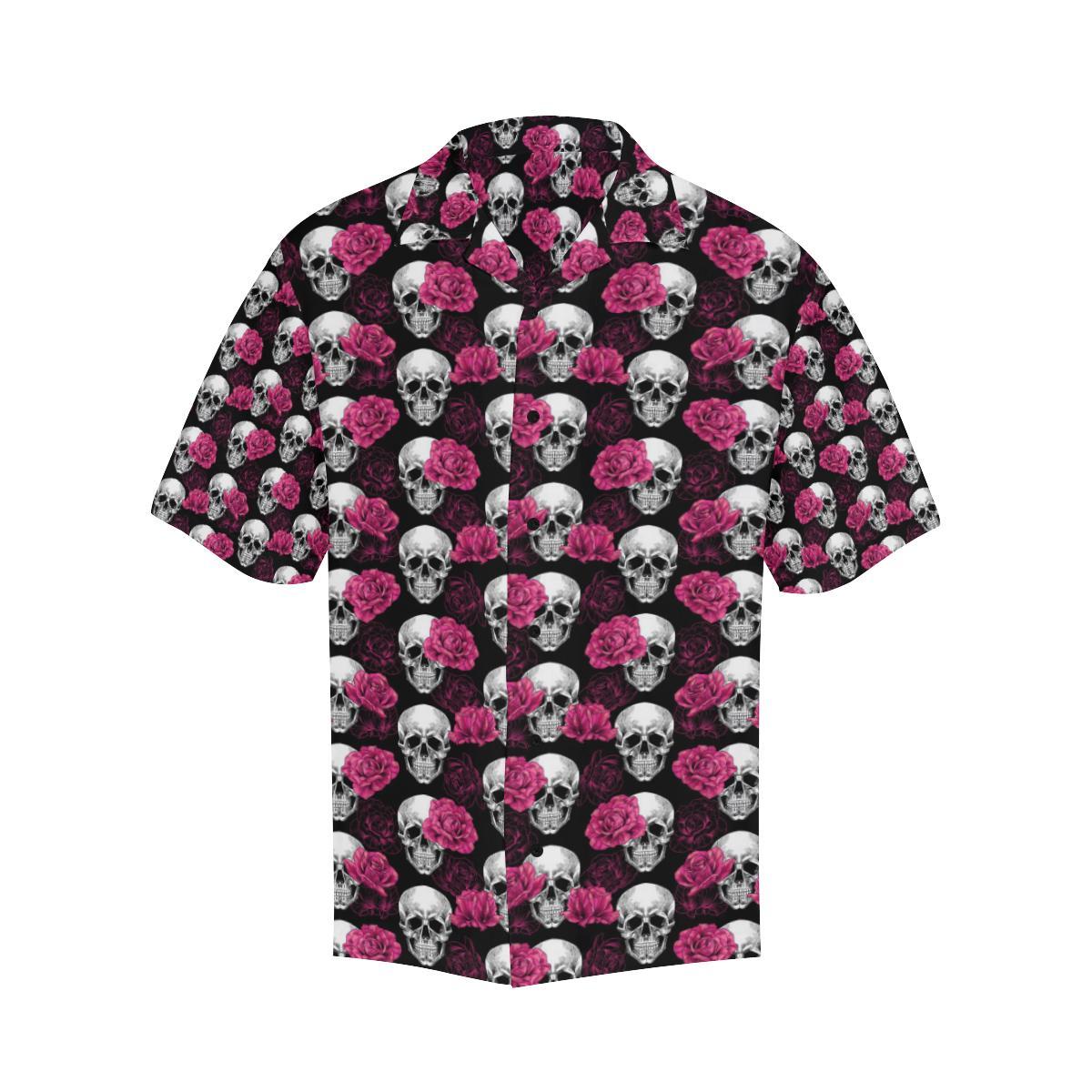 Pink Rose Skull Themed Print Men Aloha Hawaiian Shirt