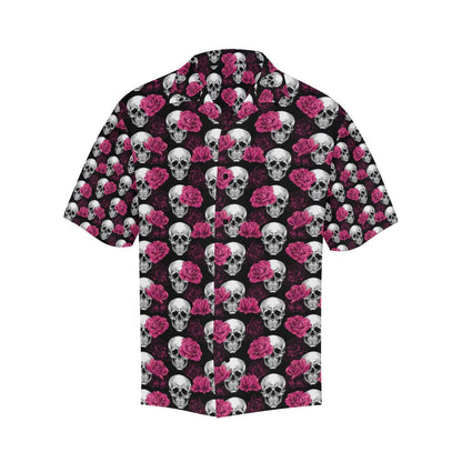 Pink Rose Skull Themed Print Men Aloha Hawaiian Shirt