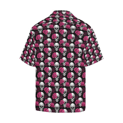 Pink Rose Skull Themed Print Men Aloha Hawaiian Shirt