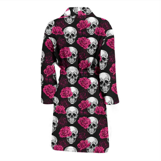 Pink Rose Skull Themed Print Men Bath Robe-JTAMIGO.COM