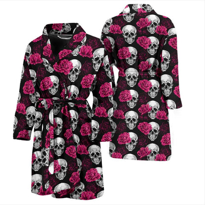 Pink Rose Skull Themed Print Men Bath Robe-JTAMIGO.COM