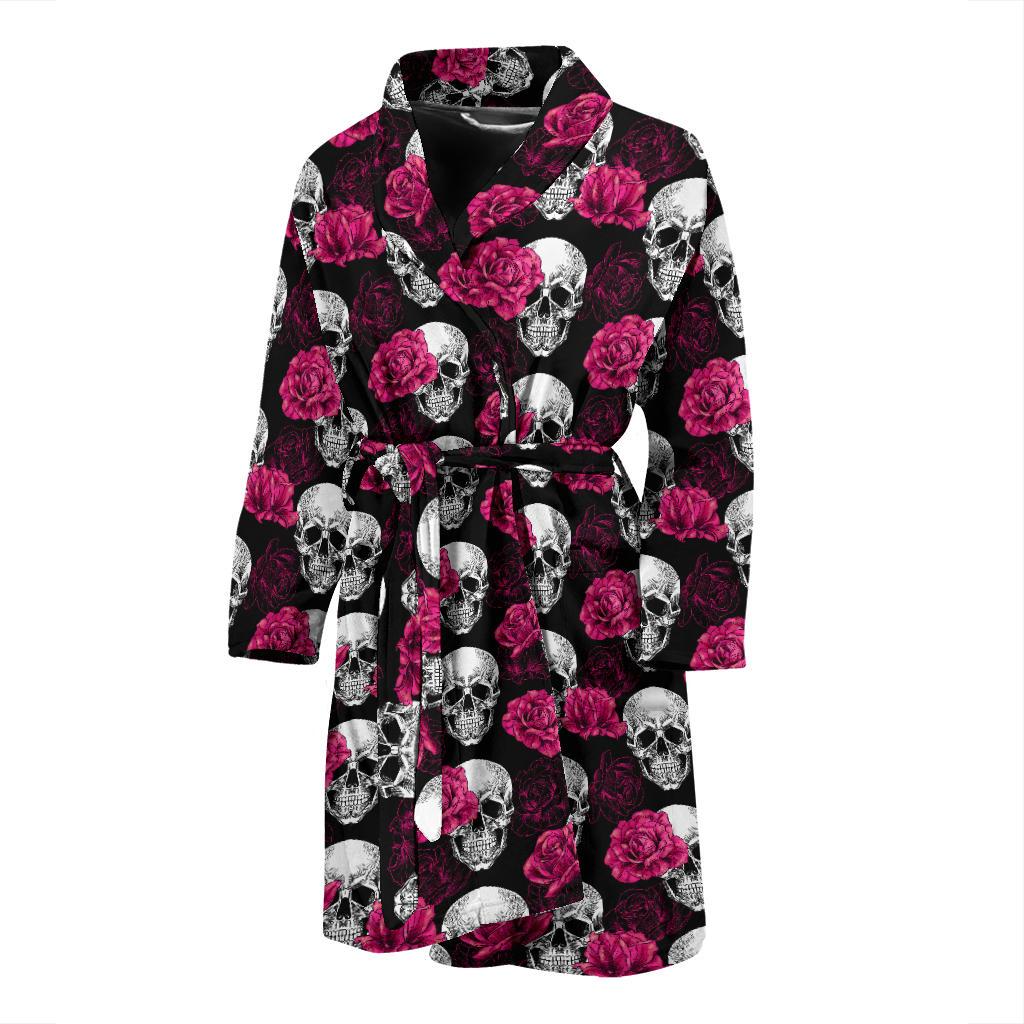Pink Rose Skull Themed Print Men Bath Robe-JTAMIGO.COM