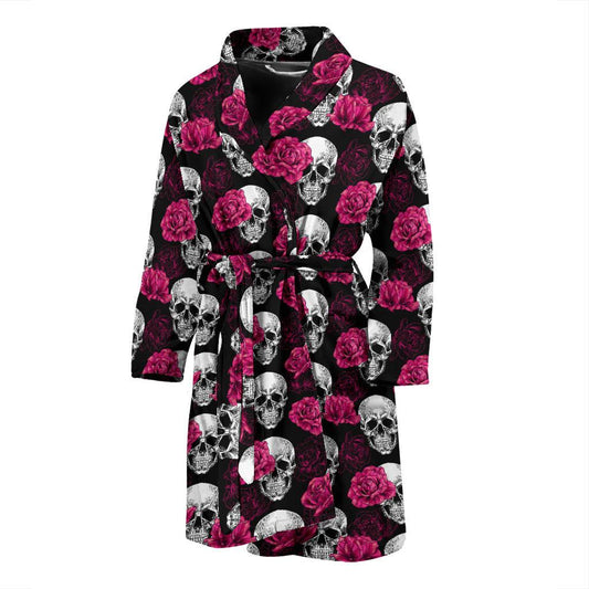 Pink Rose Skull Themed Print Men Bath Robe-JTAMIGO.COM