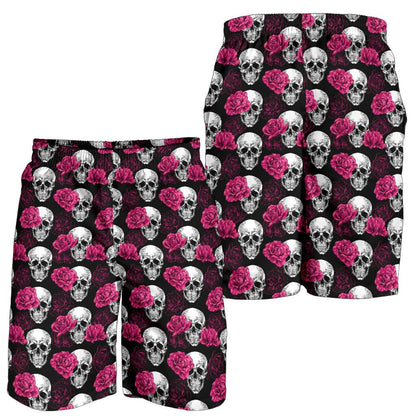 Pink Rose Skull Themed Print Mens Shorts-JTAMIGO.COM
