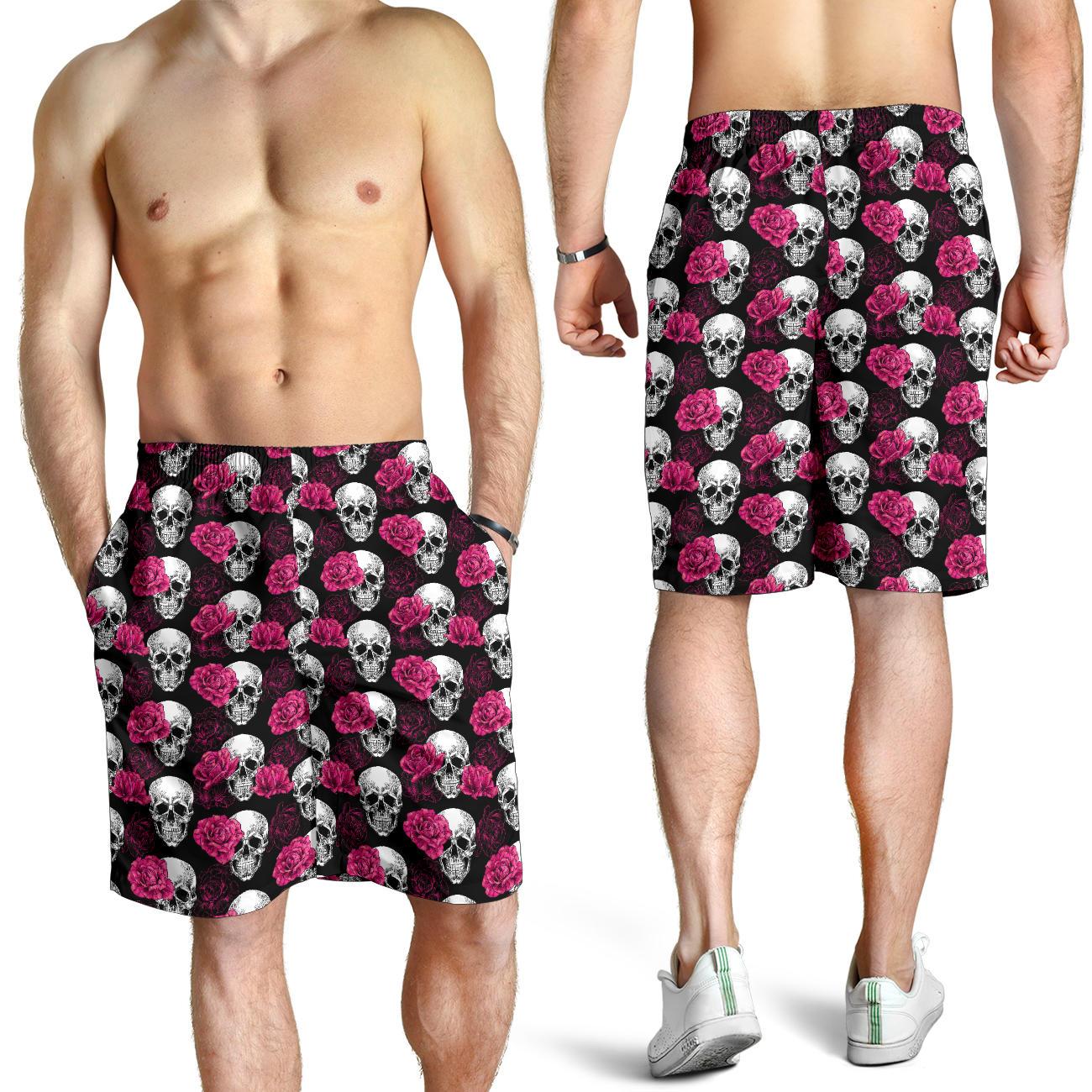 Pink Rose Skull Themed Print Mens Shorts-JTAMIGO.COM