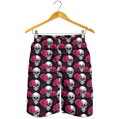 Pink Rose Skull Themed Print Mens Shorts-JTAMIGO.COM